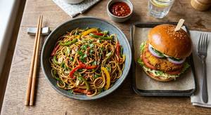 Chilli Garlic Noodles + Aloo Tikki Burger