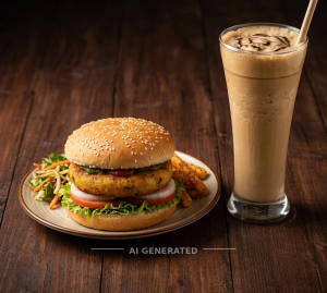 Aloo Tikki Burger + Cafe Frappe Cold Coffee Plain