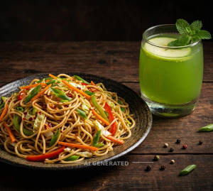 Hakka Noodles + Green Apple Mocktail
