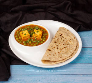 Matar Paneer( 2 Piece Paneer) + Plain Tawa Roti (1 Piece)