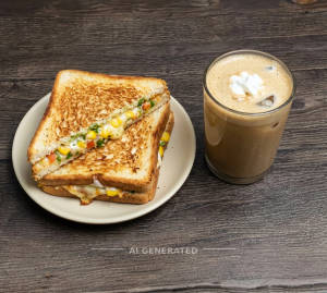 Veg Cheese Corn Sandwich + Cold Coffee
