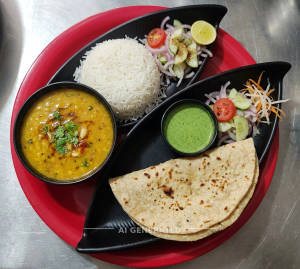 Daal Tadka, Plain Rice, Salad, Green Chatni + Tava Roti (1 Piece)