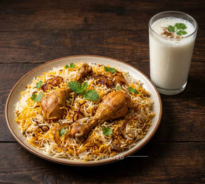 Dum Chicken Biryani + Salted Lassi