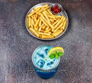 French Fries + Blue Heaven Mocktail
