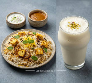 Paneer Hyderabadi Biryani + Lasi