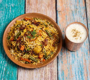 Dum Veg Biryani + Sweet Lassi