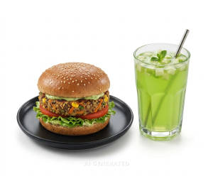 Veggie Burger with Green Apple Drink