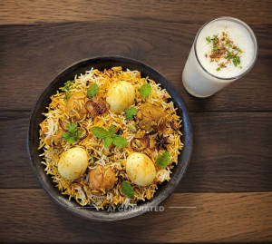Dum Egg Chicken Biryani + Salted Lassi