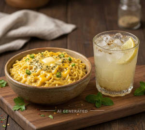 Cheesy Butter Maggi + Shikanji Lemon