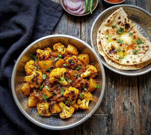Aloo Gobi Fry Masala + Tandoori Butter Roti (1 piece)