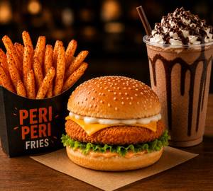 Crispy Veg Burger & Peri Peri Fries Box With Chocolate Milkshake