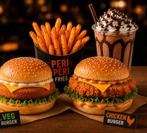 Game Day Combo: Crispy Chicken Burger + Veg Burger & Peri Peri Fries With Chocolate Milkshake