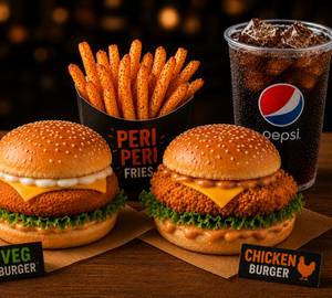 Game Night Special Combo: Crispy Veg Burger + Chicken Burger & Peri Peri Fries With Pepsi [400 Ml]