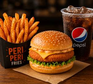 Crispy Veg Burger & Peri Peri Fries Box With Pepsi [400 Ml]