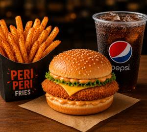 Crispy Chicken Burger And Peri Peri Fries Box With Pepsi [400 Ml]