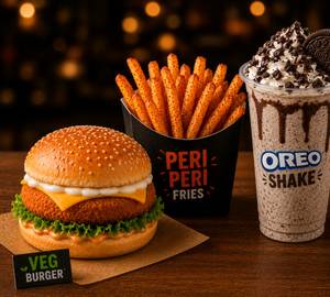 Crispy Veg Burger & Peri Peri Fries With Oreo Shake