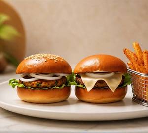 Zuby'S Cheese Burger With Zuby'S Veg Burger And Peri Peri Fries