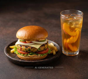 Veg burger + peach iced tea