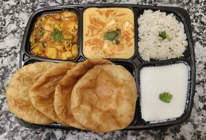 Gravy Aloo + Shahi Paneer + Suji Ki Puri + Jeera Chawal + Dahi