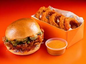 Swiss Cottage Burger + Onion Rings (5pcs) + Hot Sauce