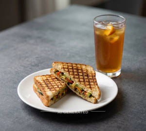 Veg grilled sandwich + peach iced tea