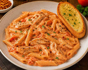 Pink Sauce Chicken Pasta With Garlic Bread