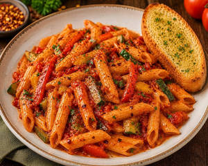 Arrabiata Veg Pasta With Garlic Bread