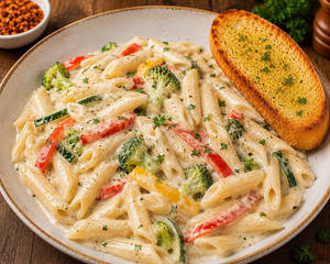 Alfredo Veg Pasta With Garlic Bread