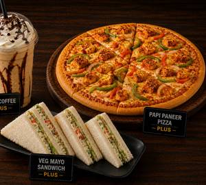 Cold Coffee With Peppy Paneer Pizza And Veg Mayo Sandwich