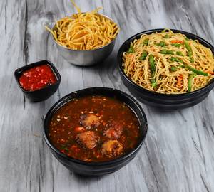 Veg Manchurian Noodles + Fried Noodles + Schezwan Sauce