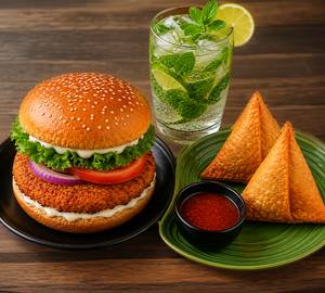 Chicken Patty Burger + 2 Pieces Of Chicken Samosa + 200Ml Mojito