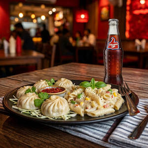 Veg Momo 4pcs + White Souce Pasta + Thumsup - 250ml