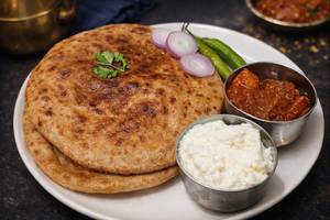 2 Aloo Pyaaz Paratha with Dahi and Achar