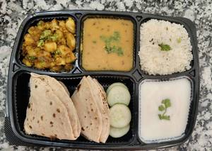 Jeera Aloo + Mung Dal + Butter Roti + Jeera Chawal + Dahi