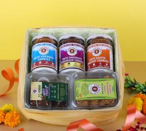 Patakha Pack Diwali Net Basket - 3 Oats Cookies, Dry Fruit Dates Laddoos & Masala Crackers