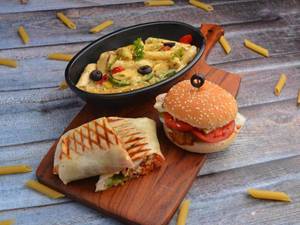 Alfredo White Sauce Pasta+Crunchy Paneer Wrap+American Gabru Burger