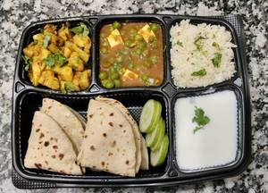Aloo Gobhi + Matar Paneer + Butter Roti + Jeera Chawal + Dahi