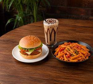 Veg Burger+Red Pasta +Cold Coffee