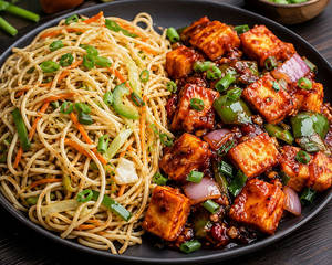 Veg Chowmien With Chilli Paneer Gravy