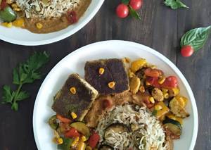 Saute Veggies With Grilled Paneer And Herb Rice