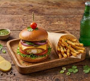 Burger with fries and drink