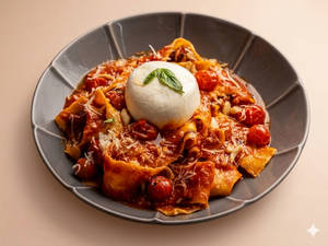 Burrata With Tomato Basil Garlic Papparadelle Pasta