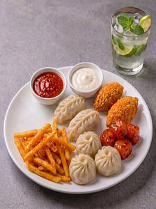 Loaded Veg Momo Trio Platter + Peri Peri Fries +4 Chilly Potato Shots + Mojito