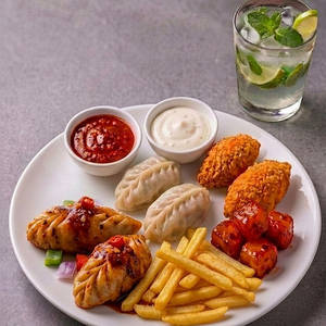 Loaded Chicken Momo Trio Platter + Mini Peri Peri Fries + 4 Chilli Potato Shots + Mojito