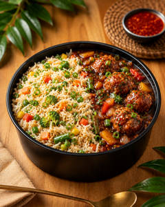 Veg Fried Rice With Veg Manchurian Gravy