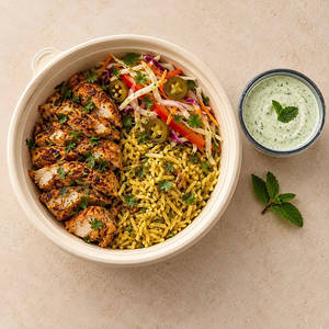Tandoori Chicken, Yellow Rice & Mint Yogurt Bowl