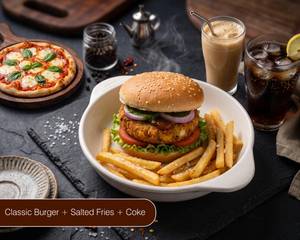 Veg Cheese Burger + Margherita Pizza (s) + Coke + Cold Coffee