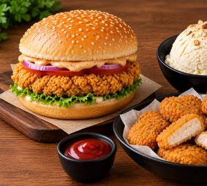 Chicken burger chicken nuggets (310) (fried) vanilla ice cream scoop