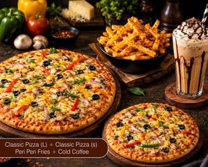 Classic Pizza (l) + Classic Pizza (s) + Peri Peri Fries + Cold Coffee