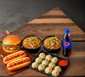 1 Burger 2 Chowmein+ 2 Butter Hot Dog + 12 Pc Veg Steam Momos + 1 Small Pepsi